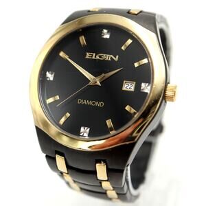 Elgin Diamond Mens Black Gold Tone 42mm Date Watch Stainless Steel w New Battery